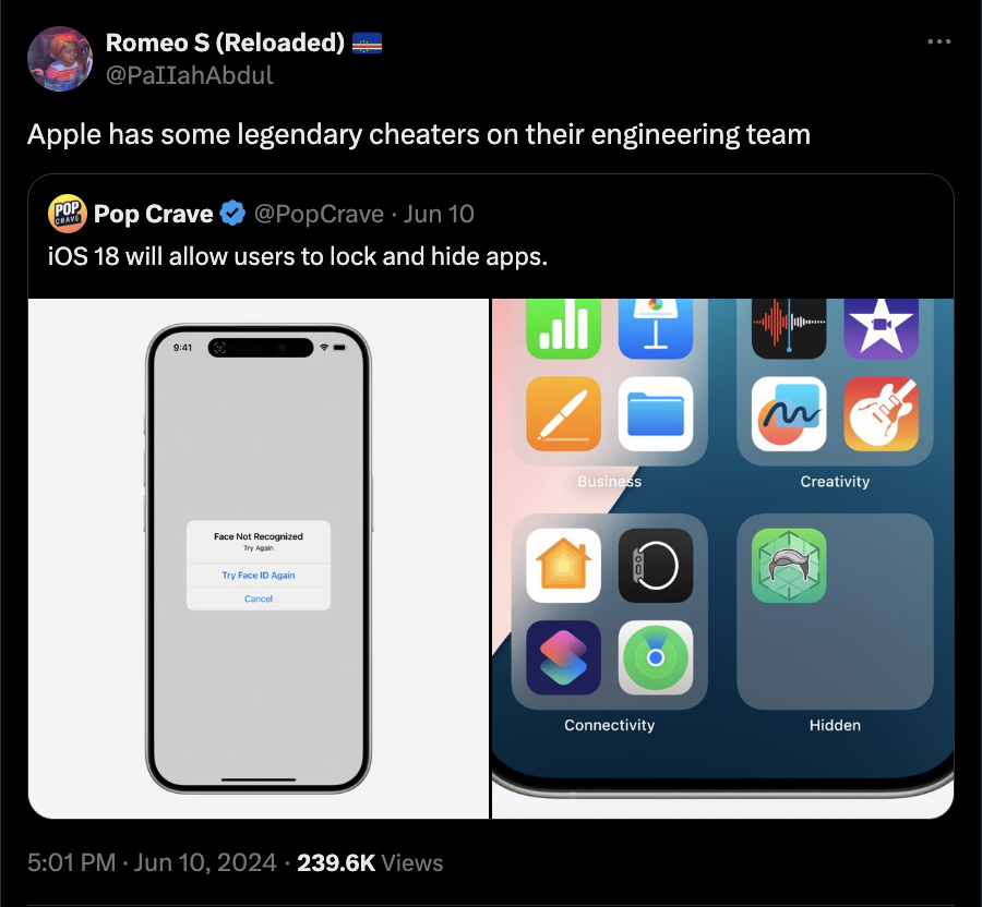 iOS - Romeo S Reloaded Apple has some legendary cheaters on their engineering team Pop Crave Pop Crave . Jun 10 iOS 18 will allow users to lock and hide apps. Face Not Recognized Try Again Try Face Id Again Cancel Views Business 2000 Creativity Connectivi